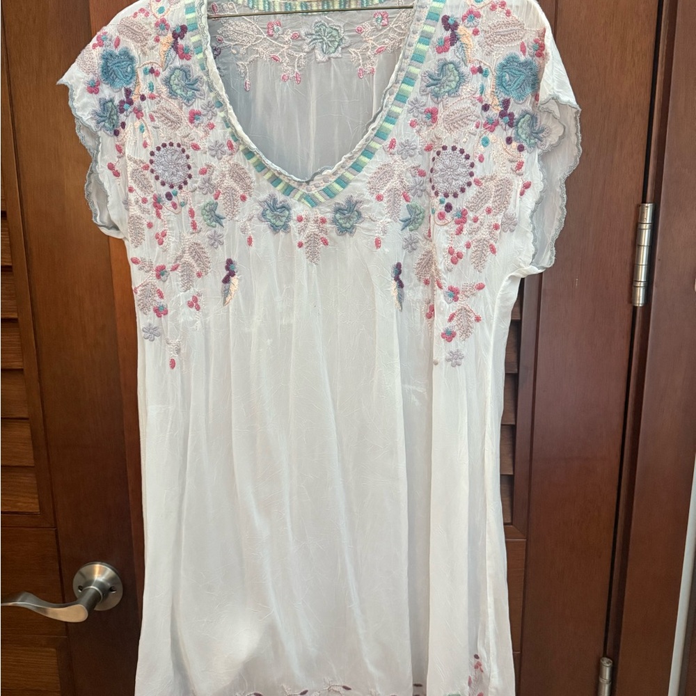 Johnny Was White Blouse with Blue and Pink Embroidery